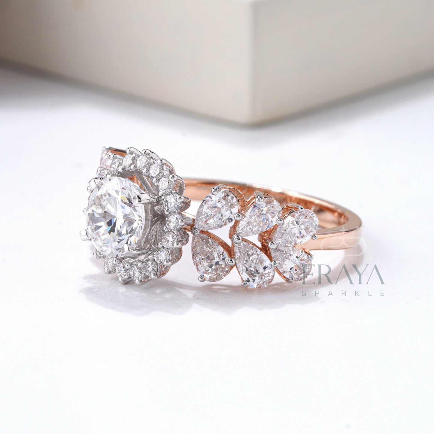 White gold halo diamond ring with lab-grown center stone