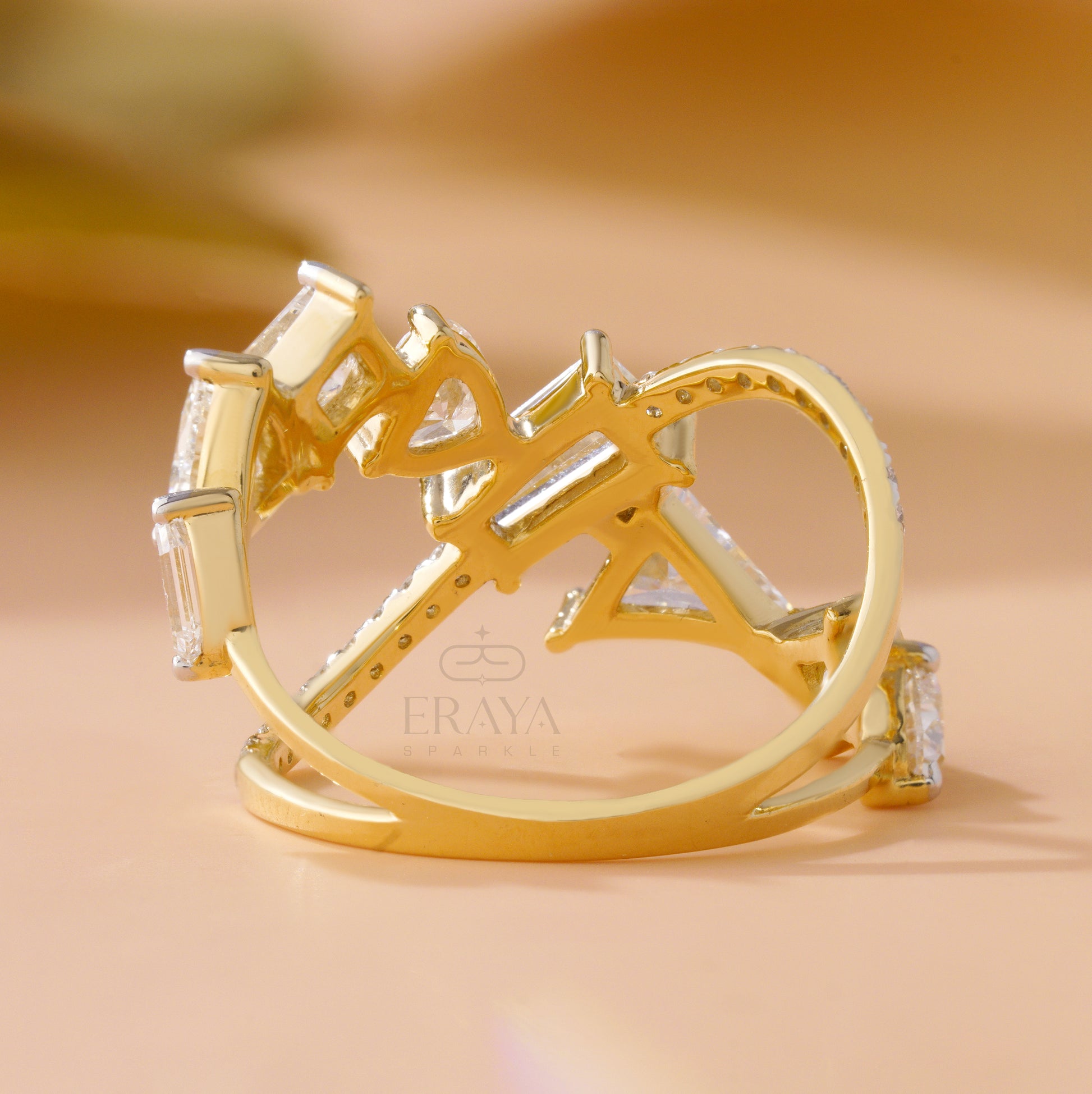 Yellow gold multi-cut lab grown diamond statement ring