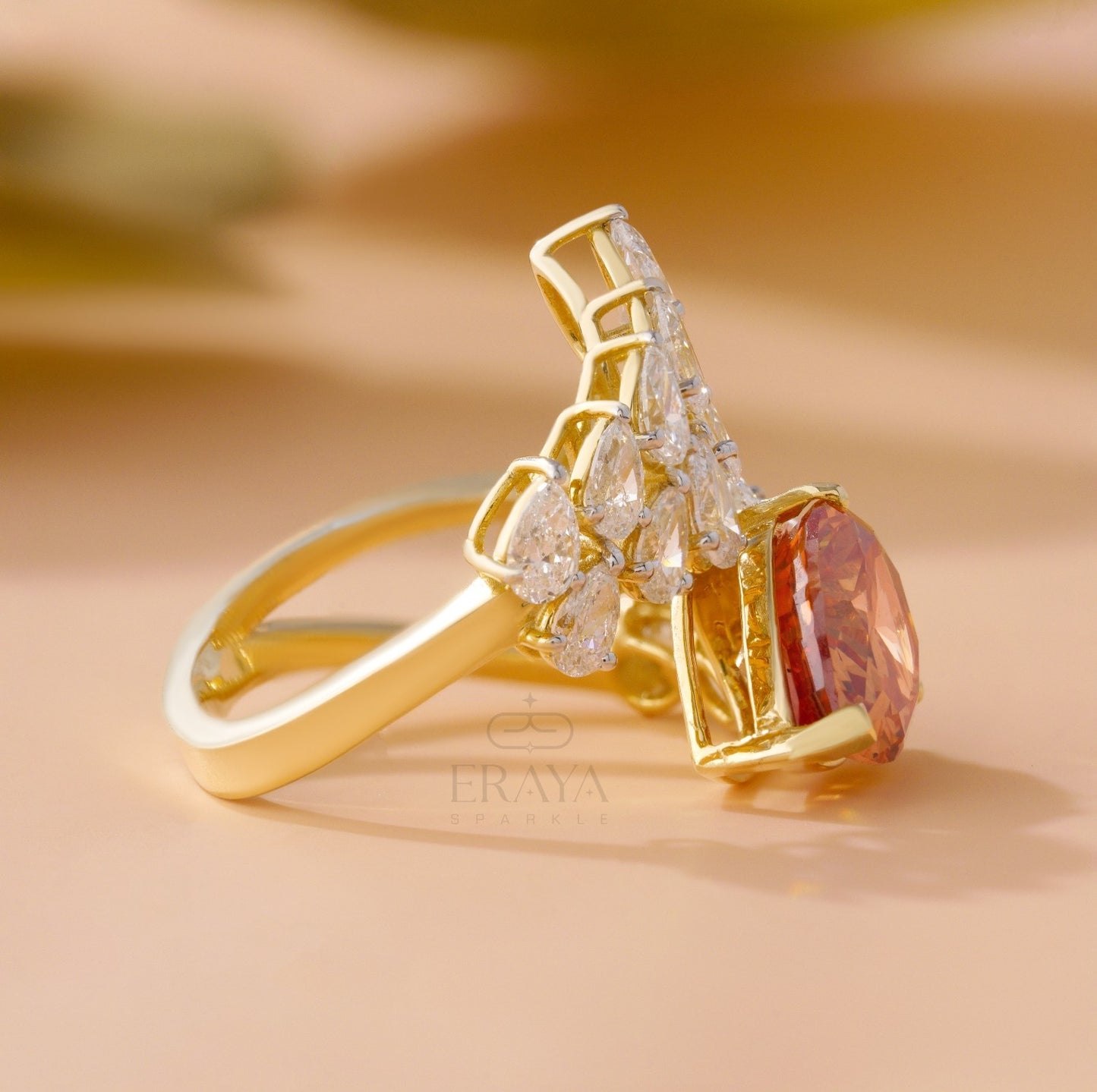 Pear cut Champagne color stone ring with lab-grown diamonds