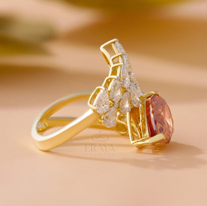 Pear cut Champagne color stone ring with lab-grown diamonds