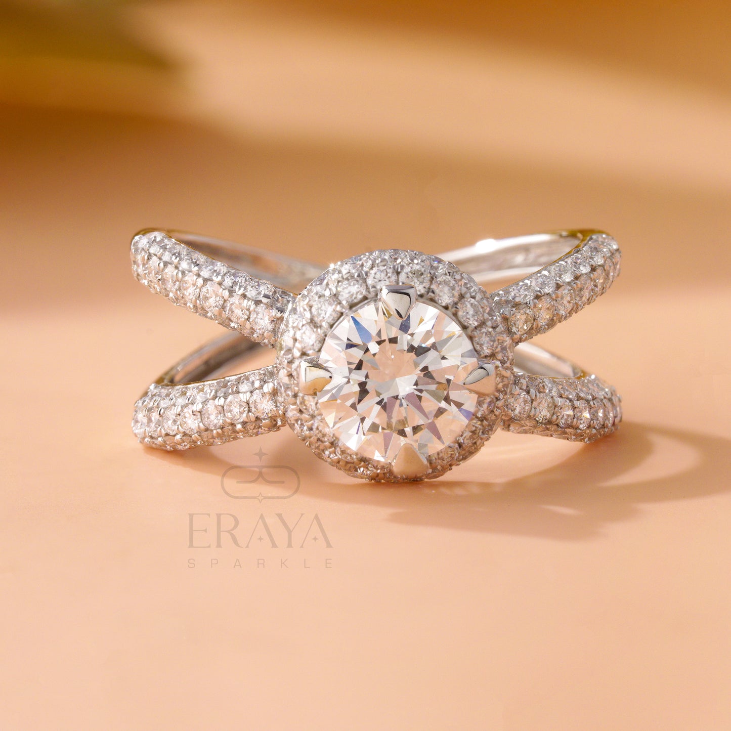 White gold split shank ring with center lab-grown diamond