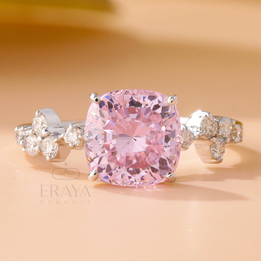Romantic pink cushion engagement ring in white gold