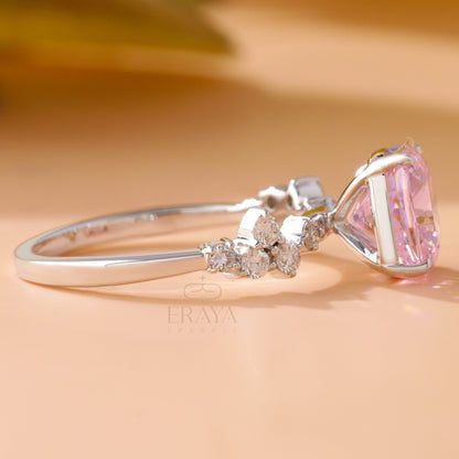 Romantic pink cushion engagement ring in white gold