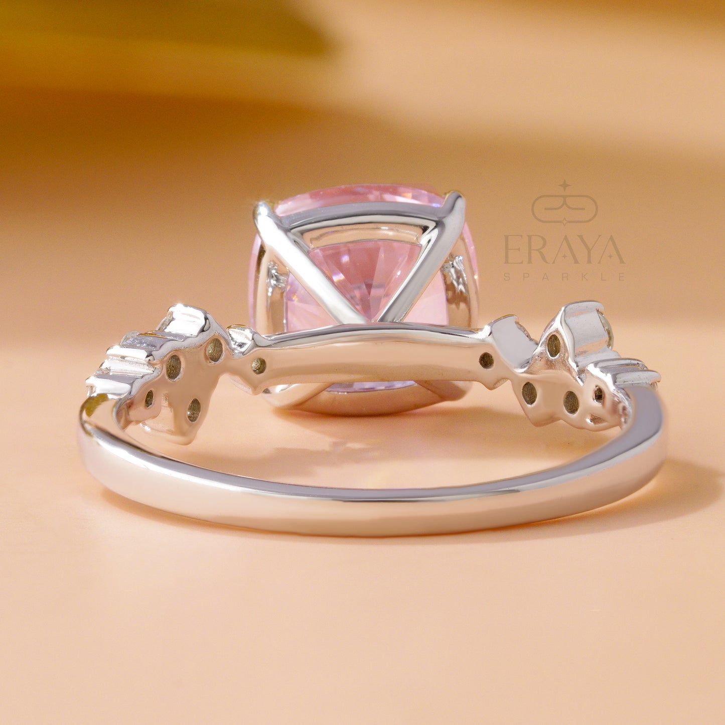 Pink cushion cut color stone ring in 14K white gold