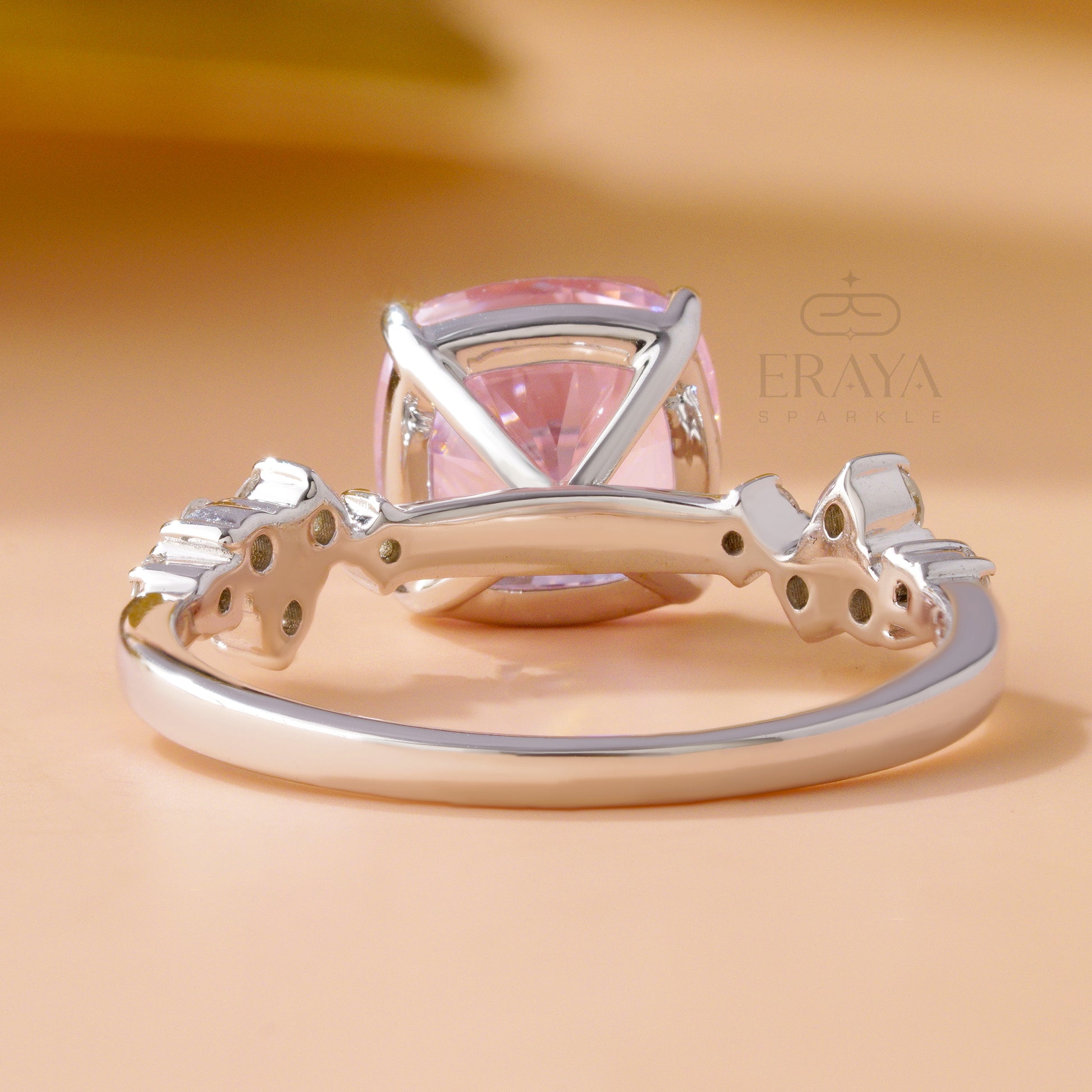 Pink cushion cut color stone ring in 14K white gold