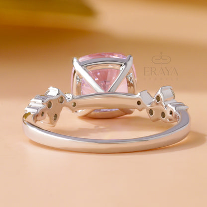 Pink cushion cut color stone ring in 14K white gold