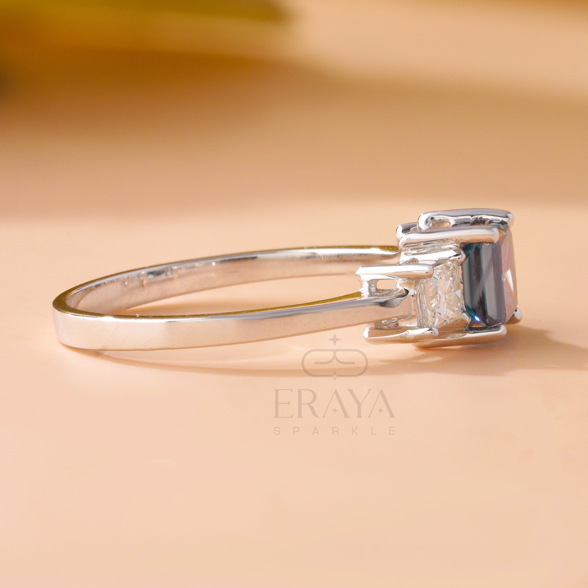 Modern three-stone lab diamond ring in white gold
