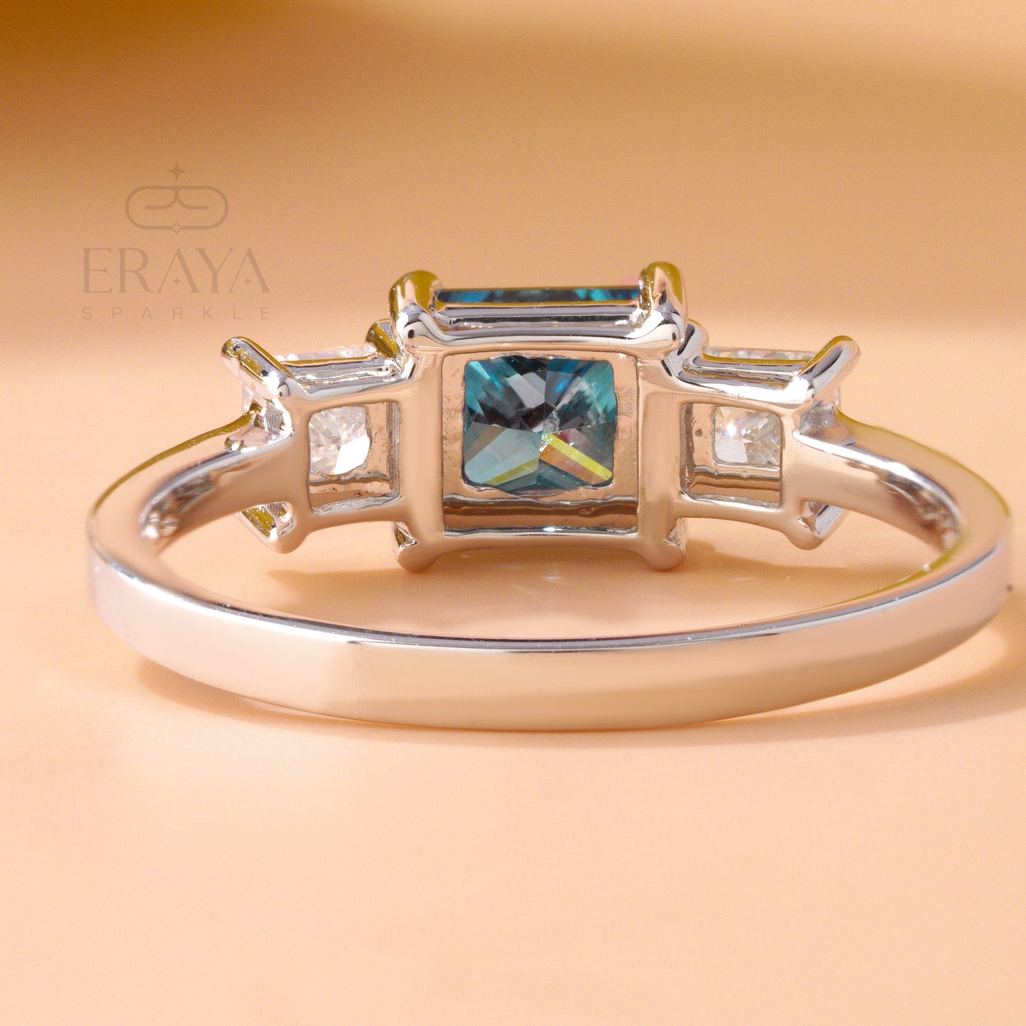 Blue princess cut lab-grown diamond three-stone engagement ring