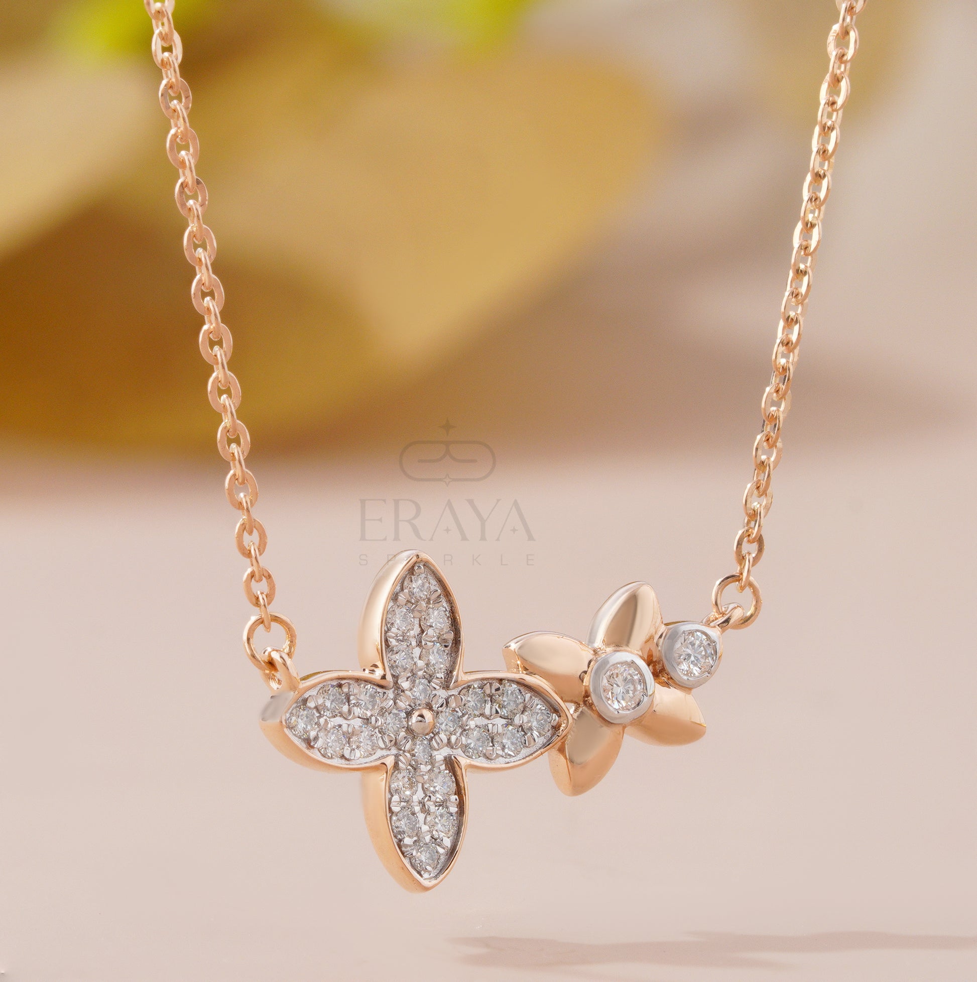 Two-flower diamond pendant in gold chain – IGI GIA certified stones