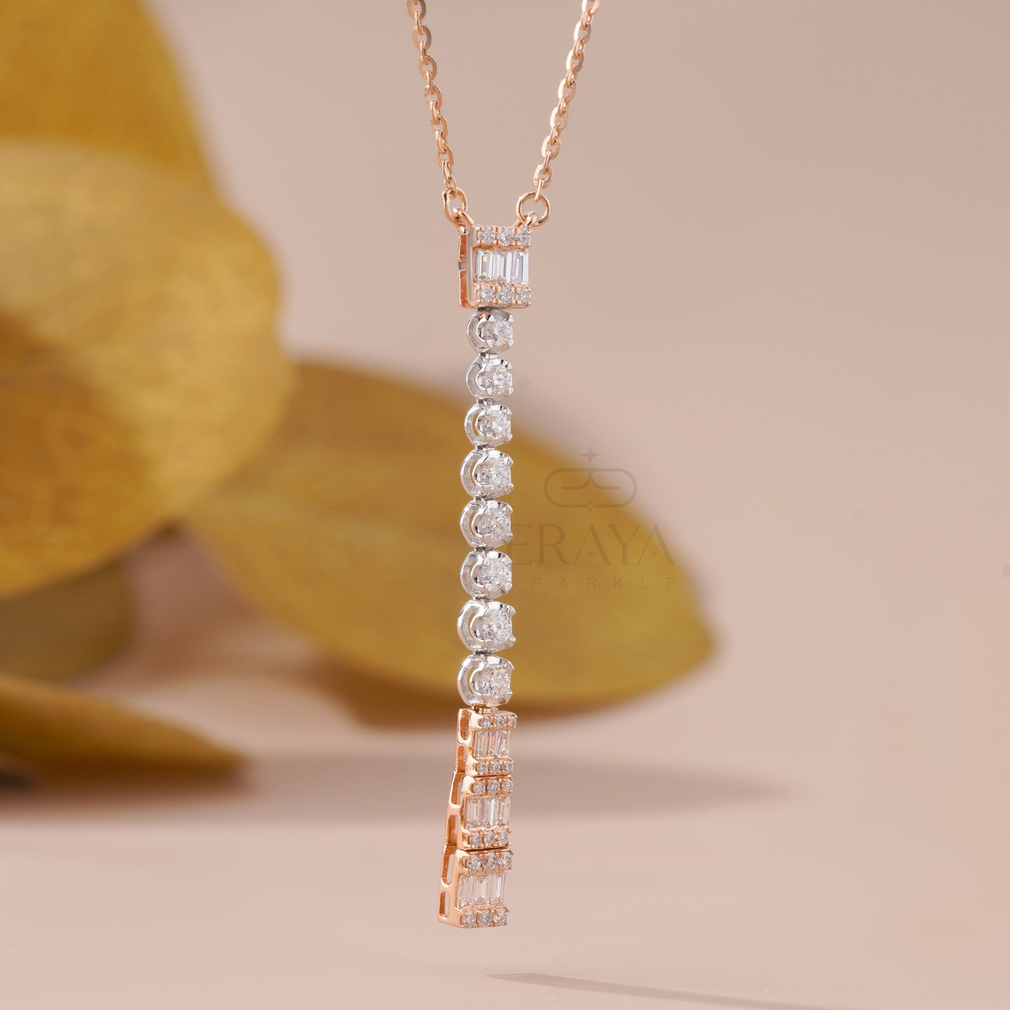 Vertical diamond bar pendant in 14K rose gold with baguette and round lab-grown diamonds