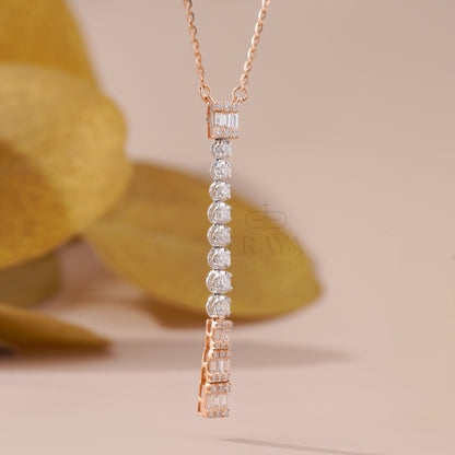 Vertical diamond bar pendant in 14K rose gold with baguette and round lab-grown diamonds