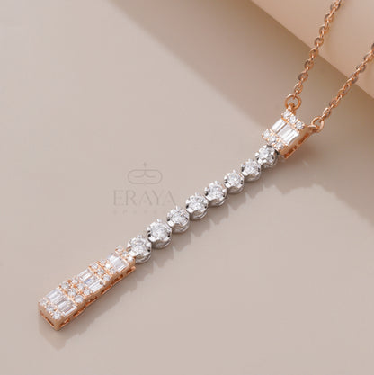 Close-up of gradient baguette and round diamonds on lab grown diamond necklace – IGI GIA certified
