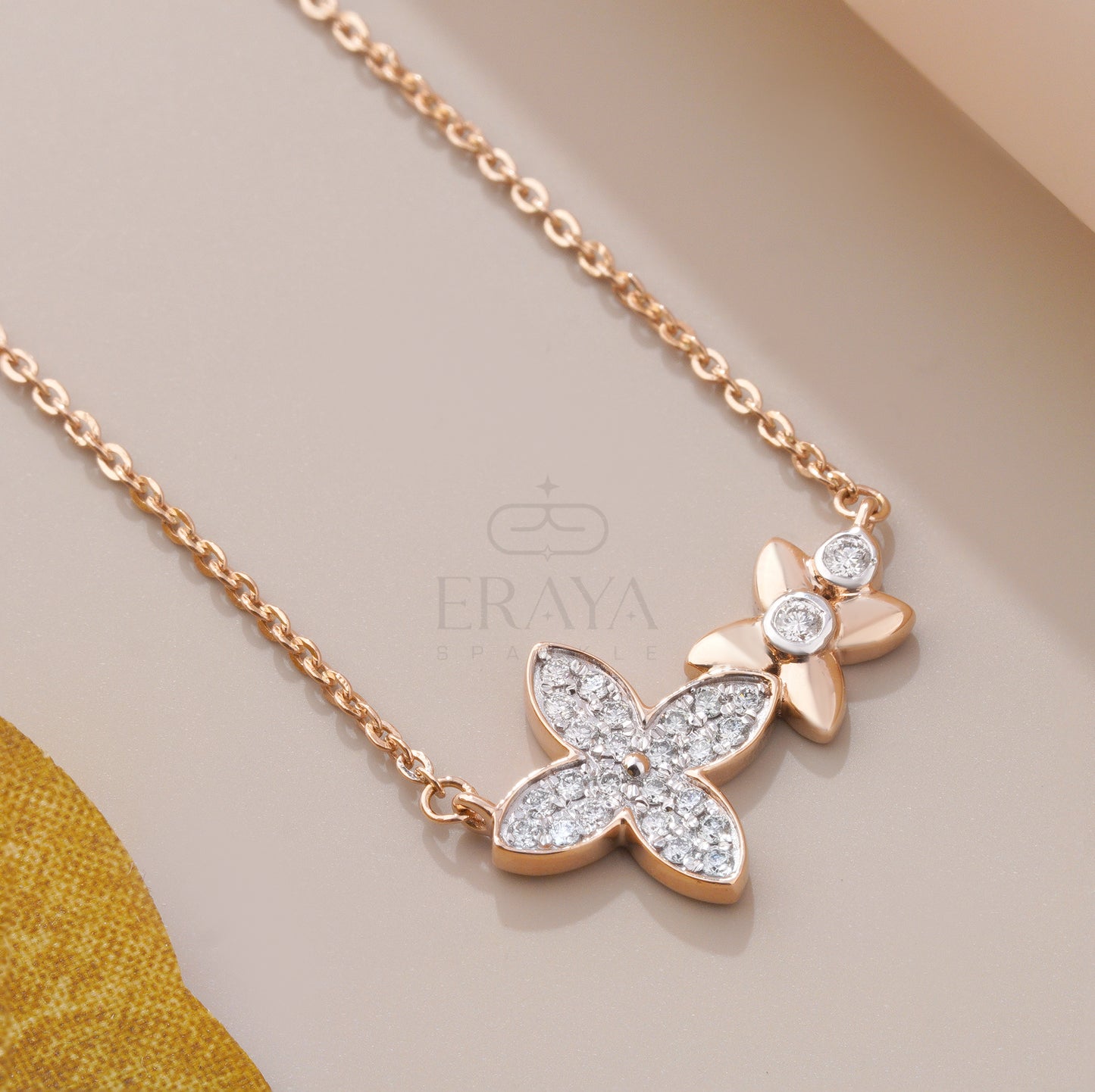 Luxury gift packaging with rose gold floral diamond necklace