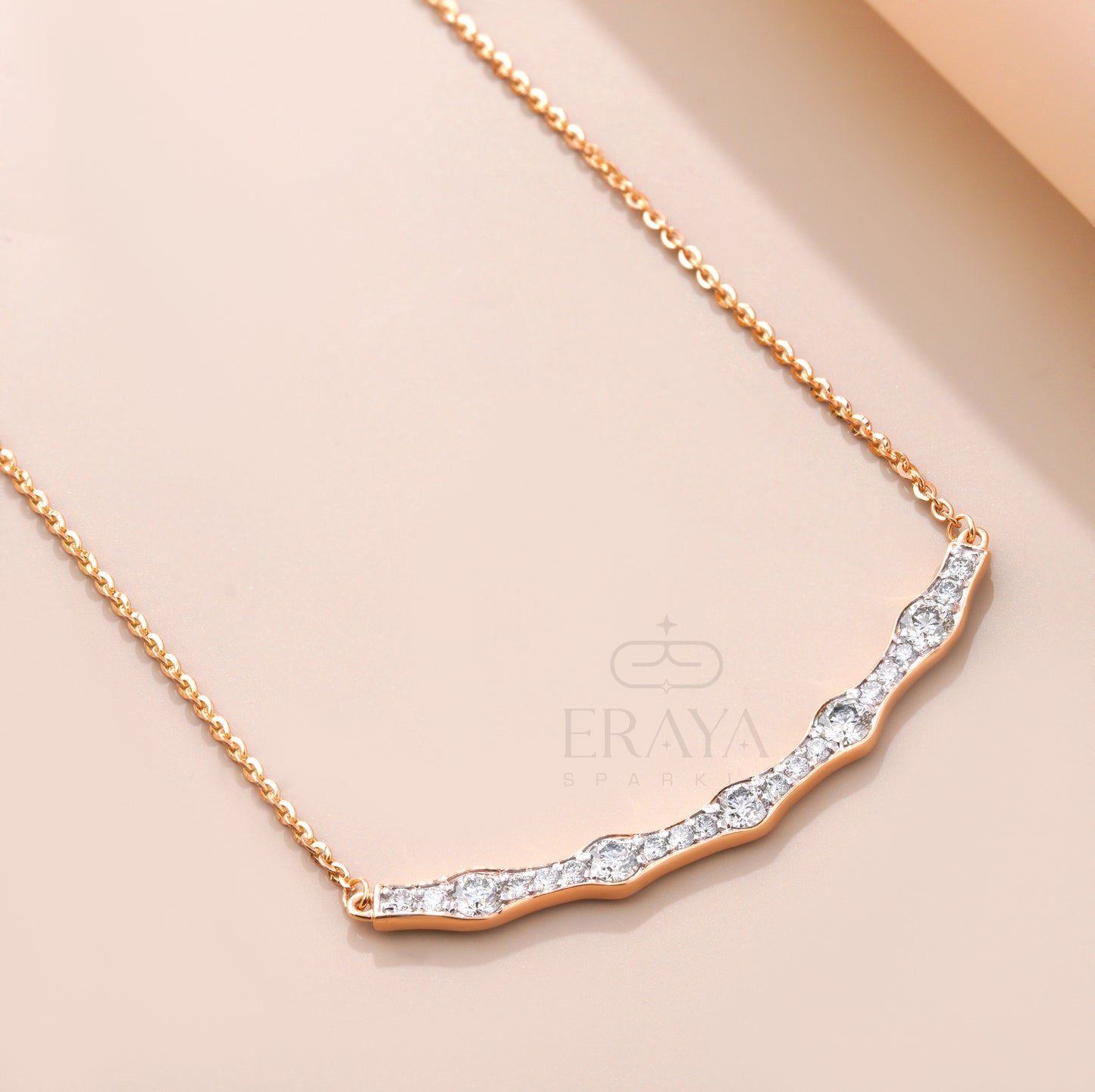 Wave diamond bar necklace in 14K rose gold with round diamonds – diamond pendant