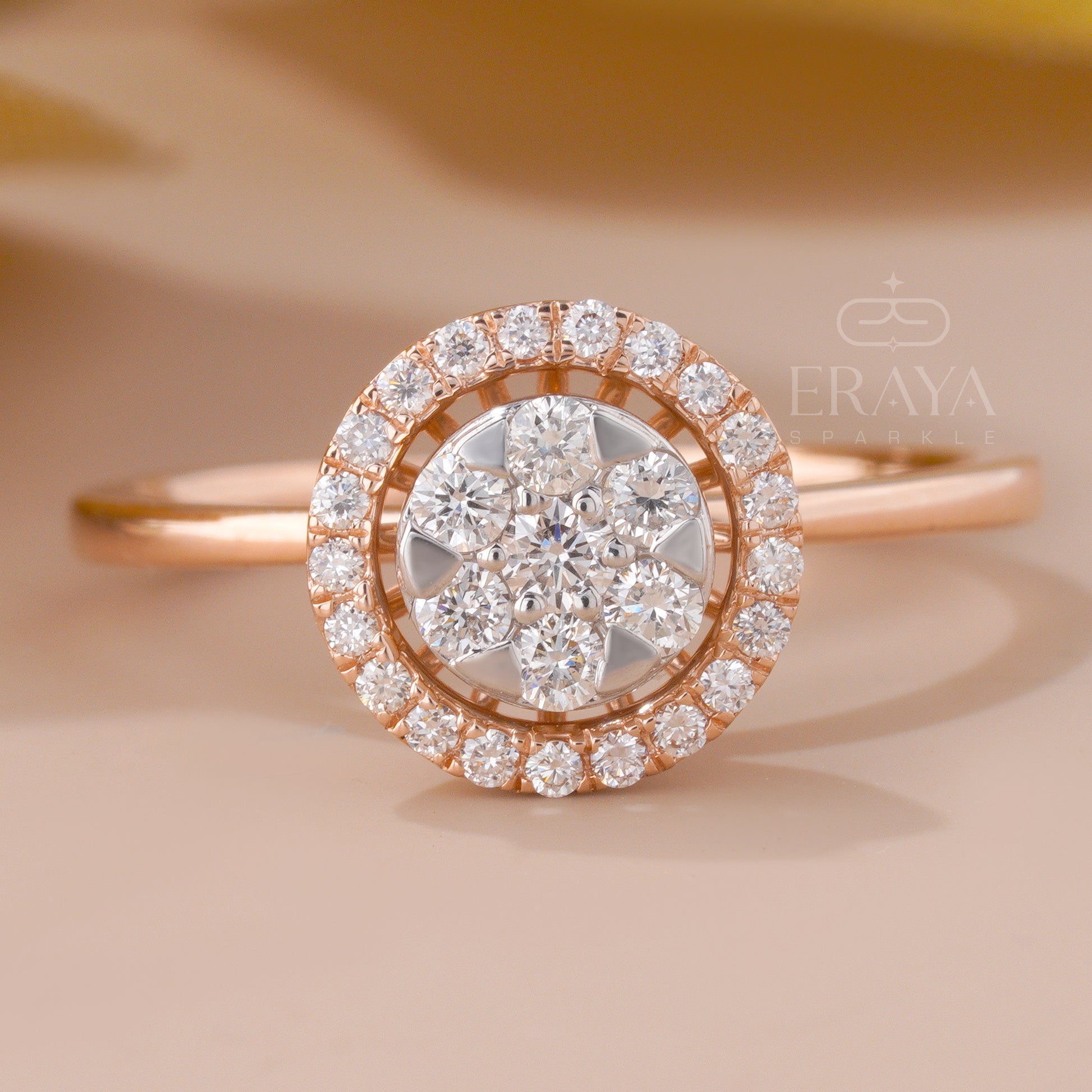 White gold lab-grown diamond floral halo engagement ring detail