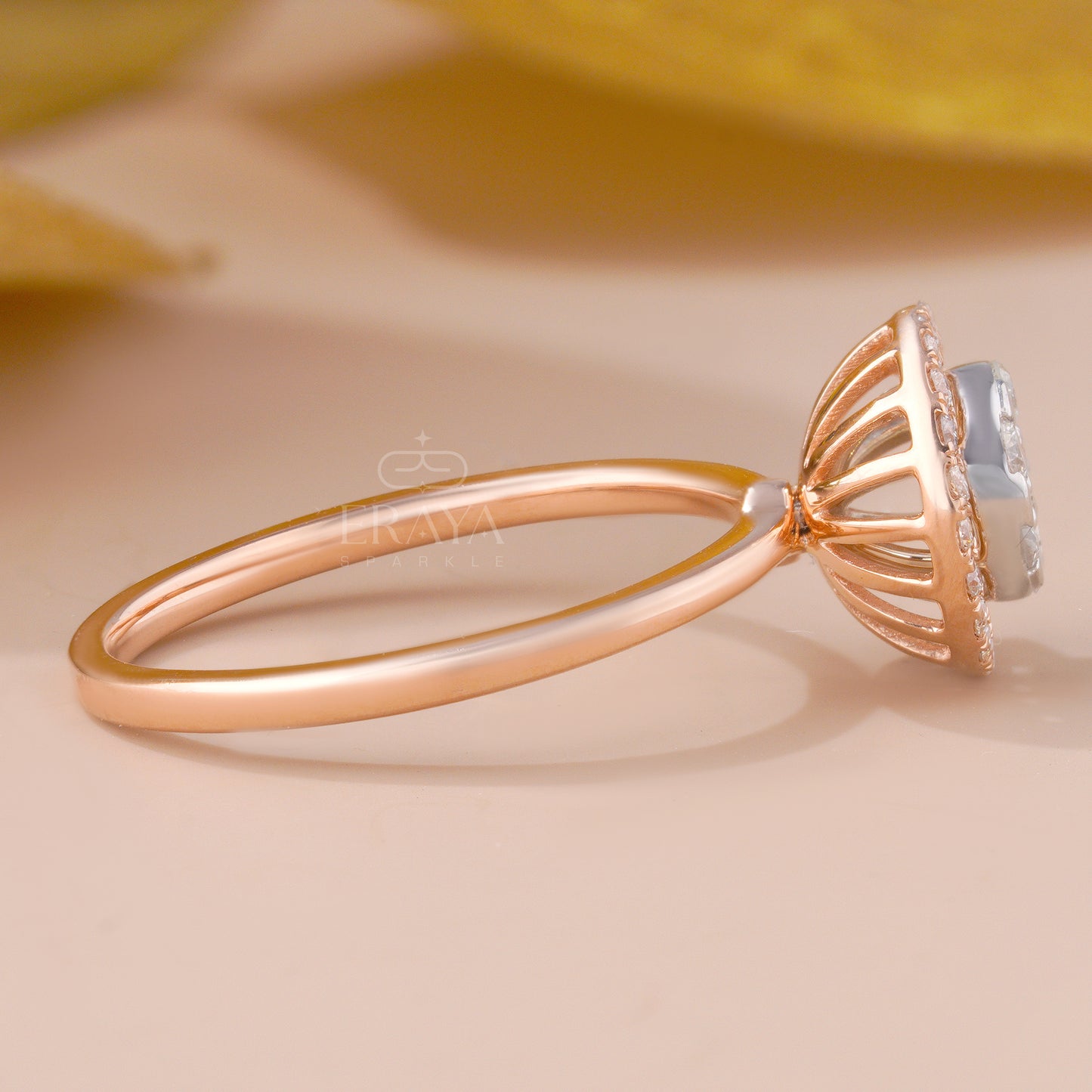 Yellow gold floral cluster ring — close-up of halo setting