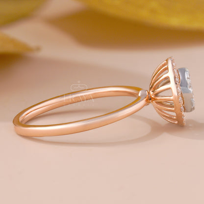 Yellow gold floral cluster ring — close-up of halo setting