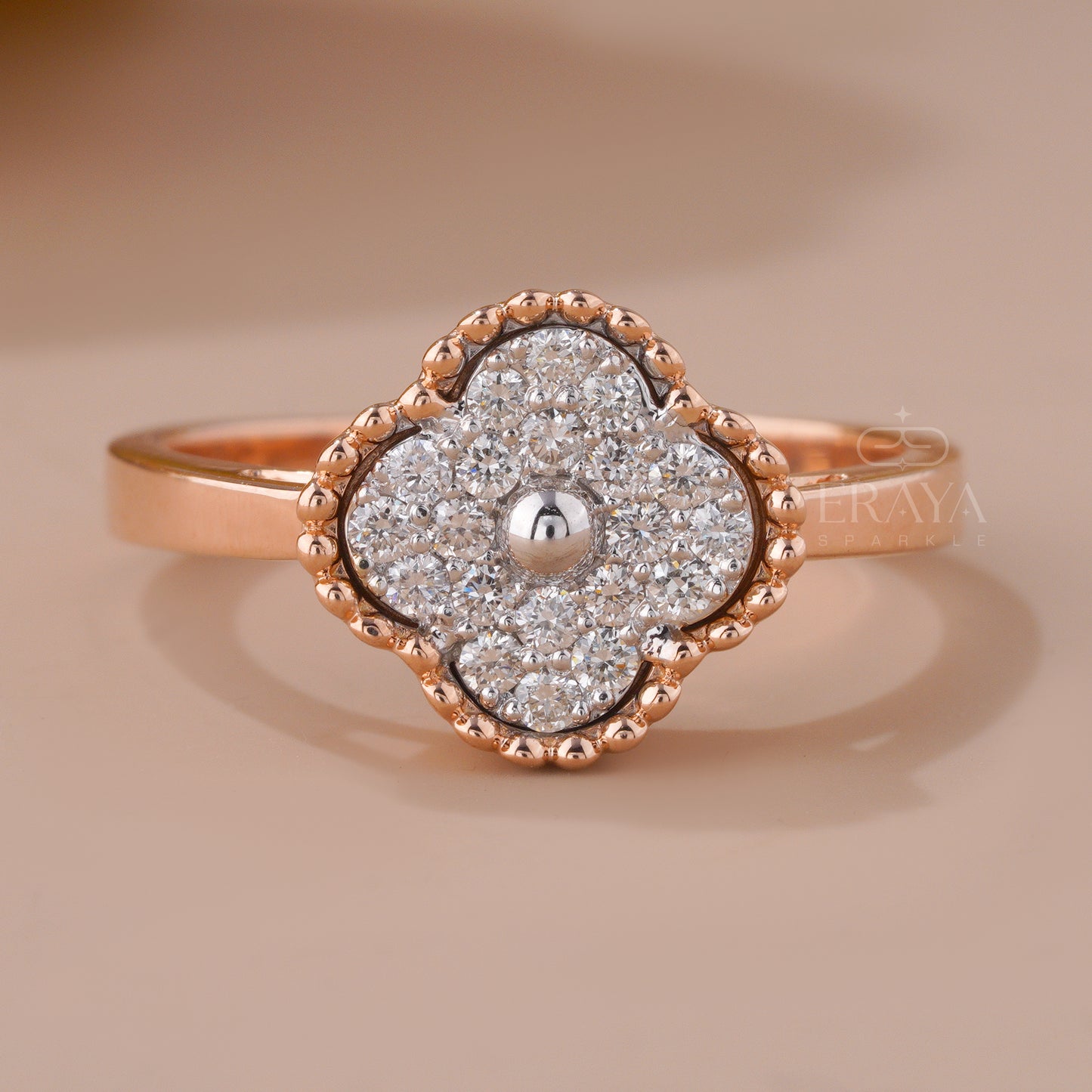 White gold lab-grown diamond floral halo engagement ring detail
