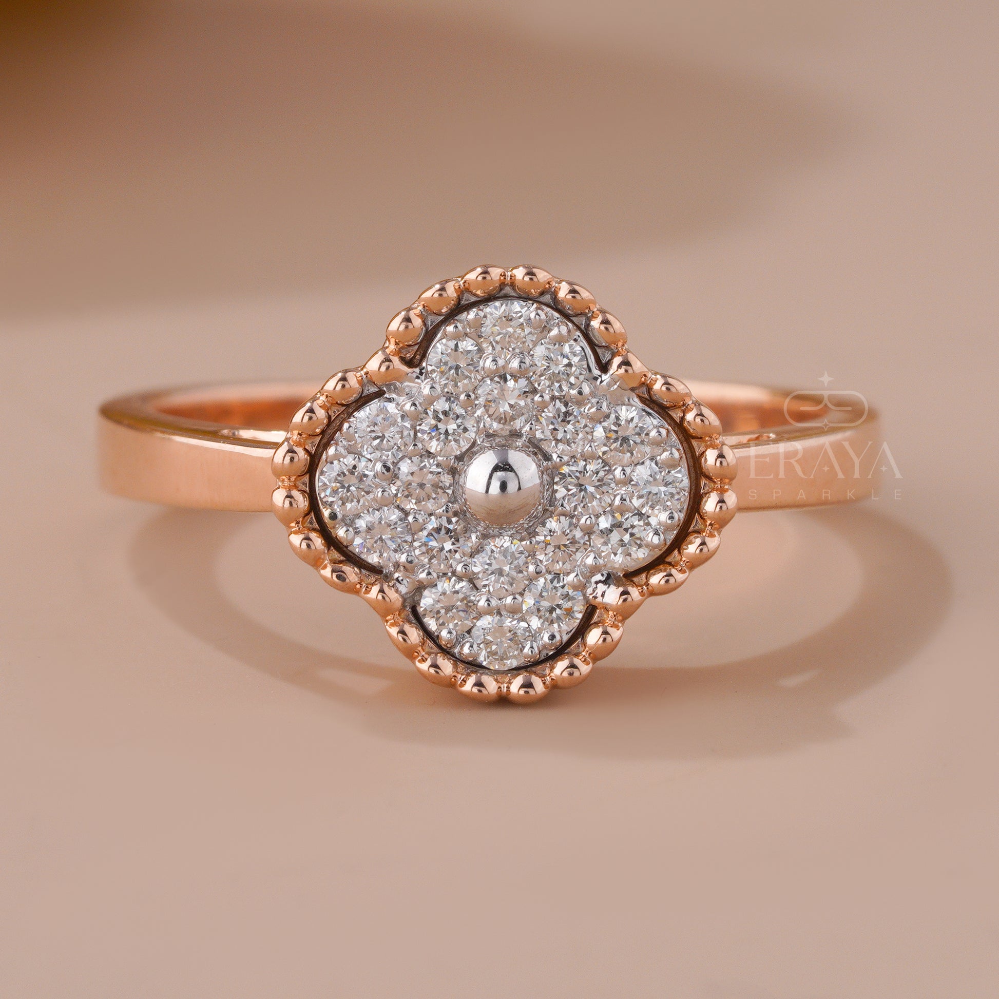 White gold lab-grown diamond floral halo engagement ring detail
