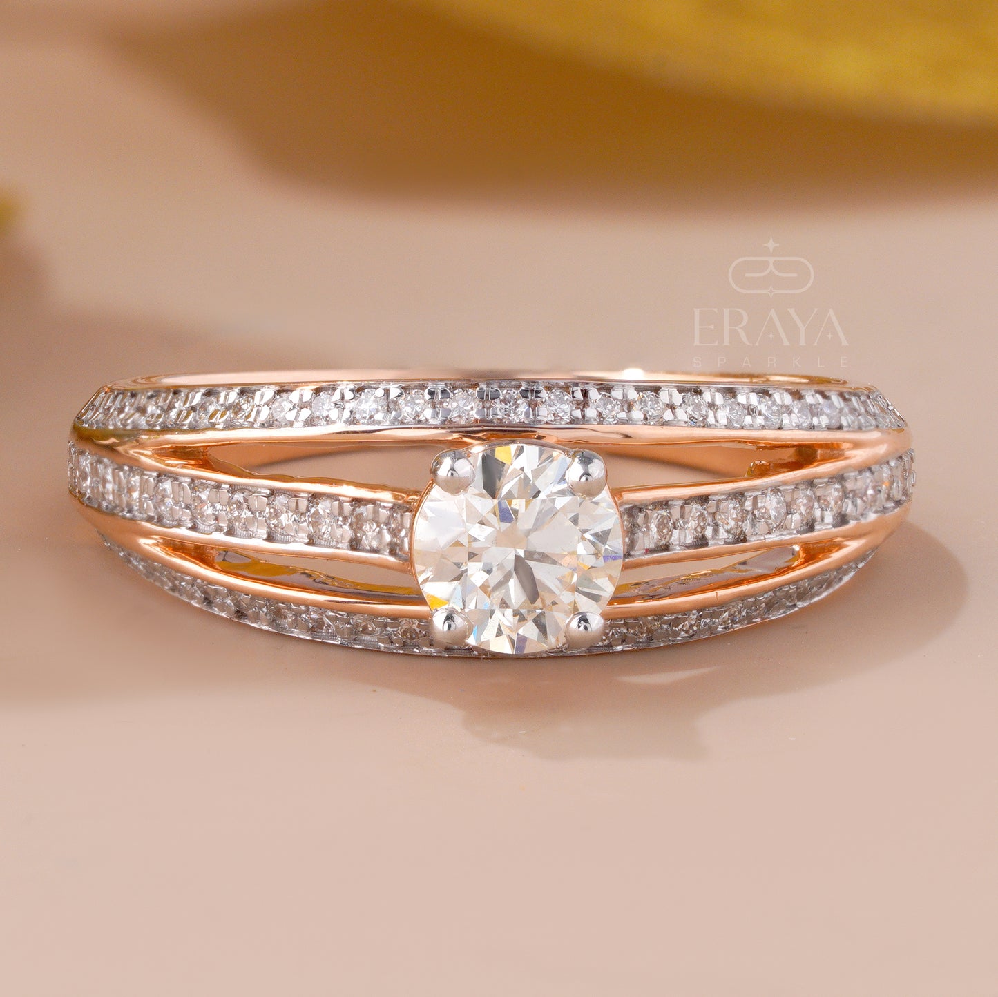 Triple-row pavé diamond band in rose gold – bridal engagement ring