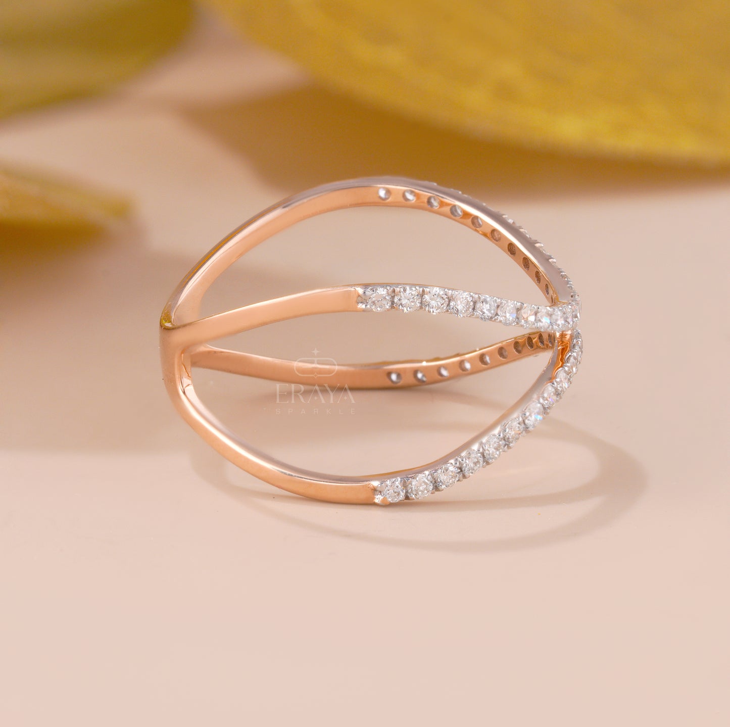 Rose gold X-design diamond ring with round lab-grown diamonds