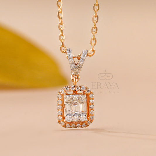 Affordable cluster diamond pendant in 14K rose gold - baguette & round lab grown diamond pendant