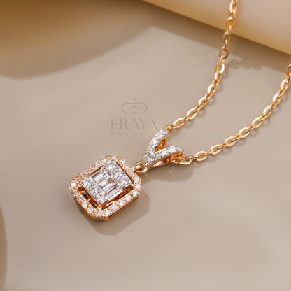 Rose gold necklace with diamond pendant on a beige background, featuring the brand 'Eraya'.
