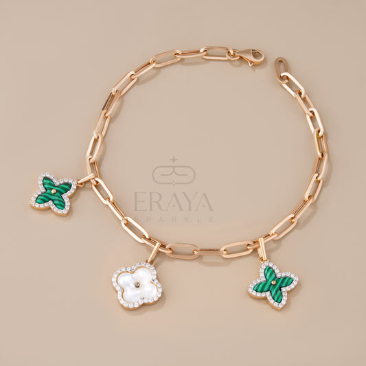 Floral paperclip bracelet in rose gold with green malachite & mother-of-pearl clovers