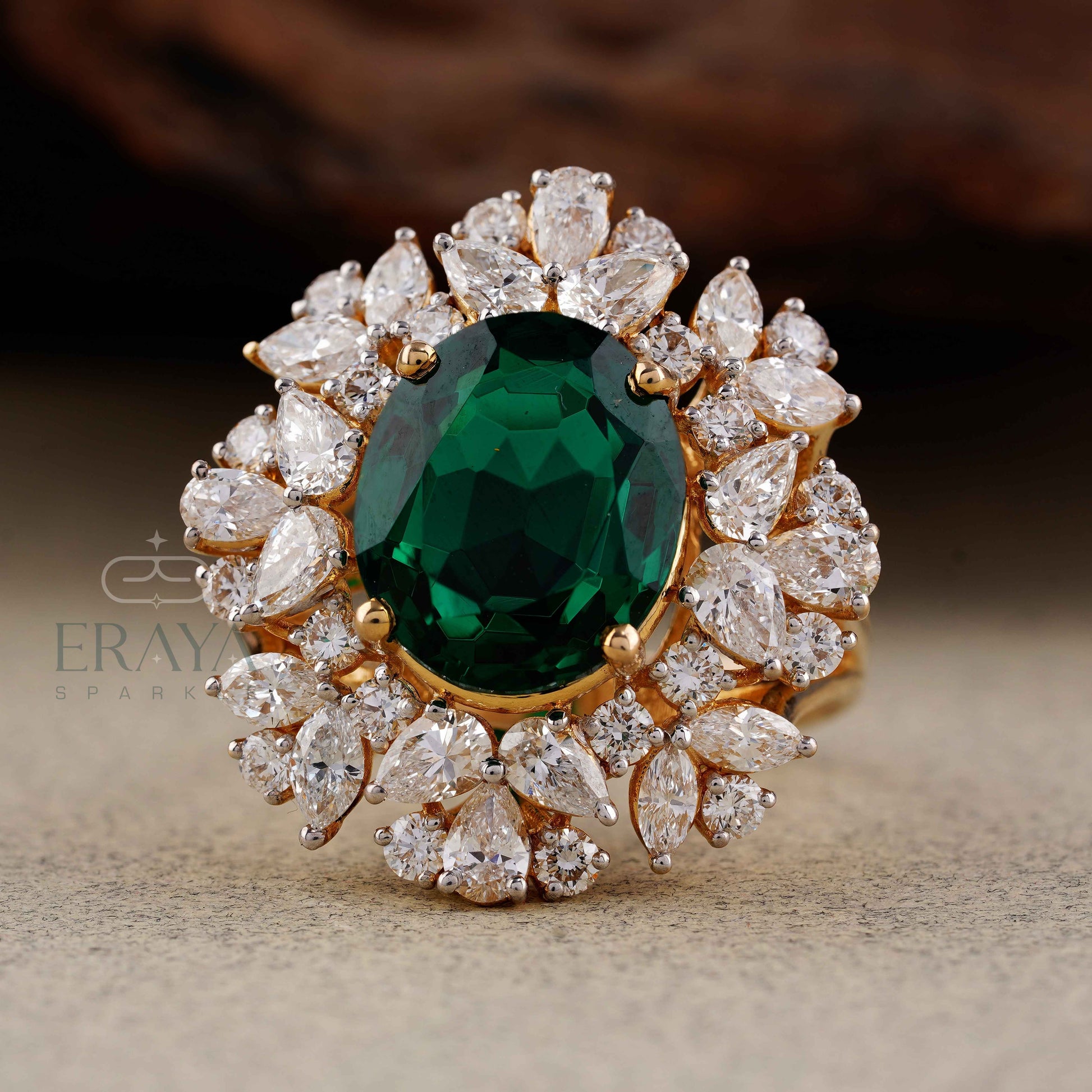 Green Stone Diamond Halo Cocktail Ring | Gold