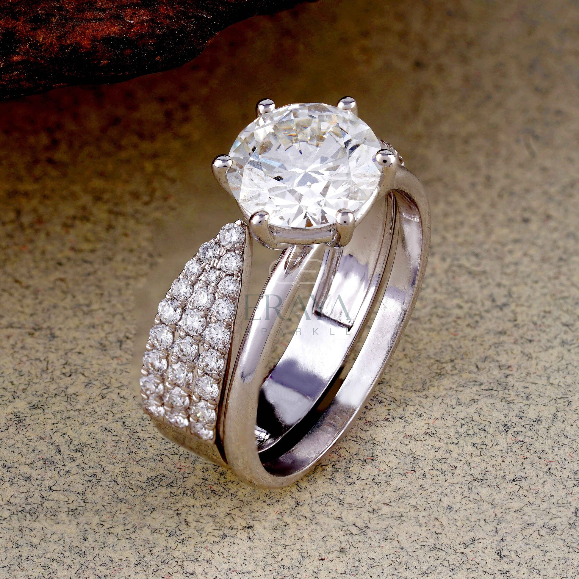 Lab grown diamond solitaire and stackable ring set in white gold with pavé band