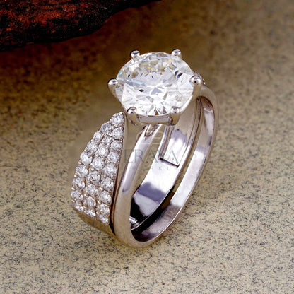 Lab grown diamond solitaire and stackable ring set in white gold with pavé band