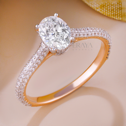 Oval lab grown diamond engagement ring in rose gold with pavé band