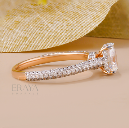 Side view of oval cut lab-created diamond ring with pavé detailing