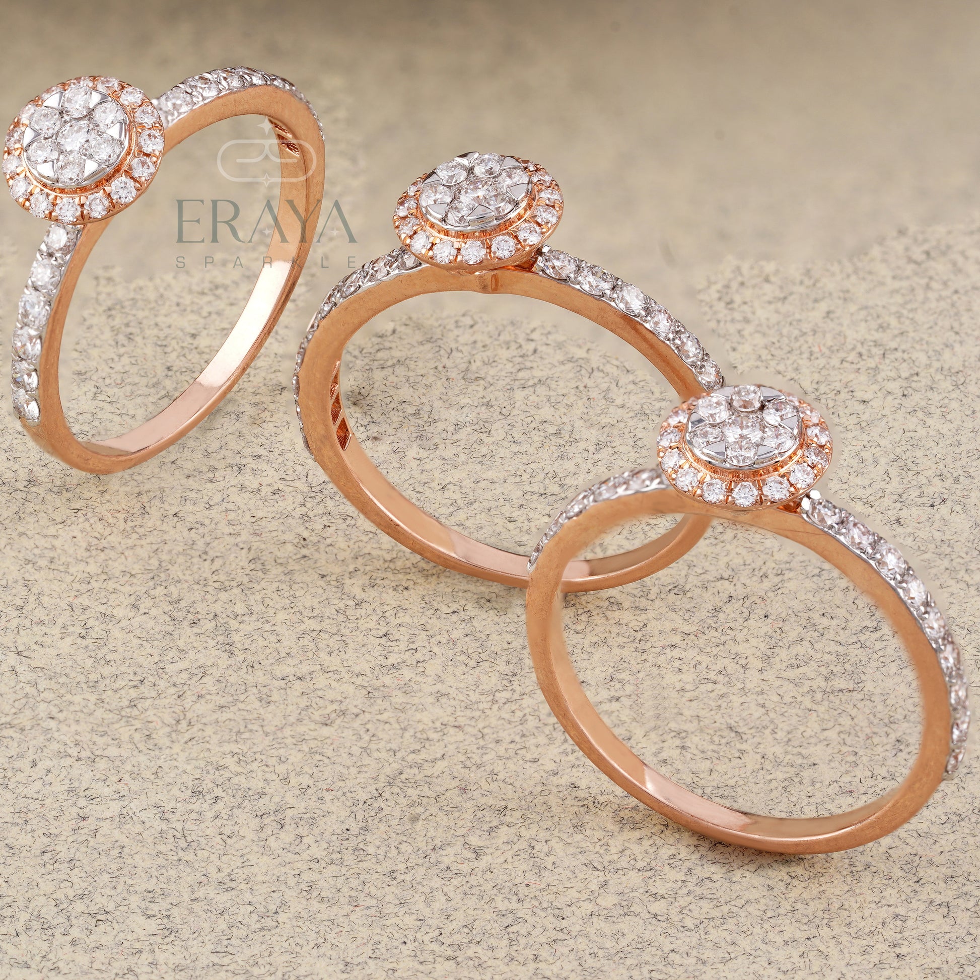 Three rose gold rings with diamond accents on a beige background, featuring the brand 'Era'.