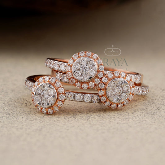 Three rose gold diamond rings stacked on a textured surface with 'ERAYA' branding.