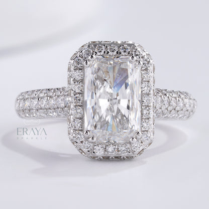 top view emerald-cut solitaire with triple-row pavé band