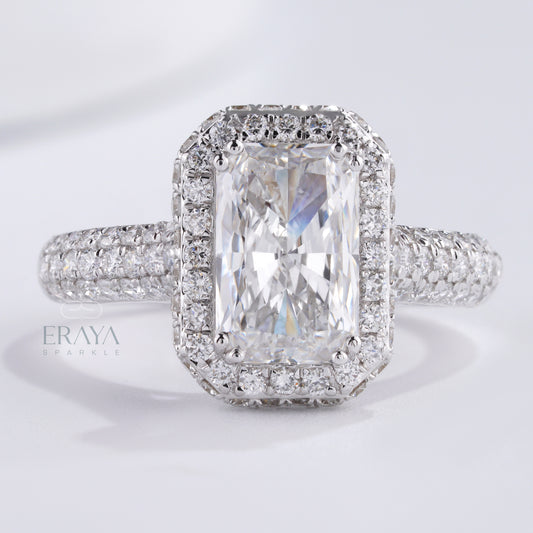 top view emerald-cut solitaire with triple-row pavé band