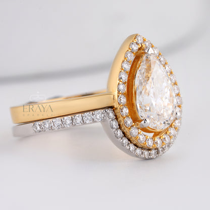 Stackable pear-shaped diamond ring set with halo and matching band