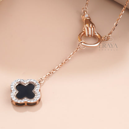 Rose gold hand motif necklace with black enamel clover and lab-grown diamonds - diamond necklace in rose gold
