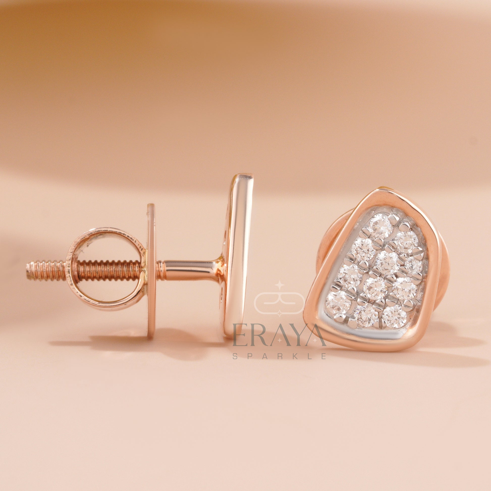 Diamond stud earrings – cross view and front angle