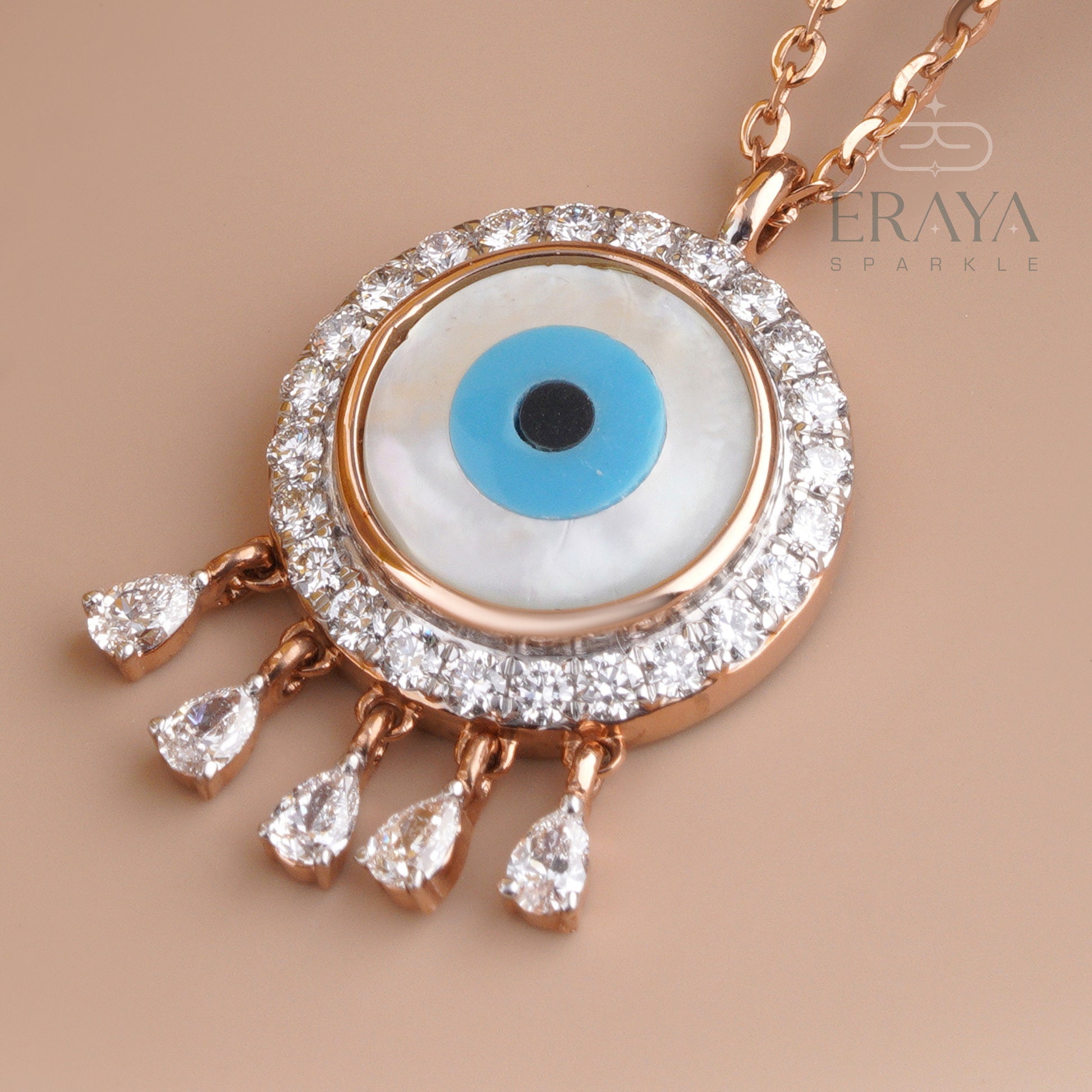 Close-up halo of lab-grown diamonds and mother-of-pearl evil eye - IGI GIA certified gold diamond pendant