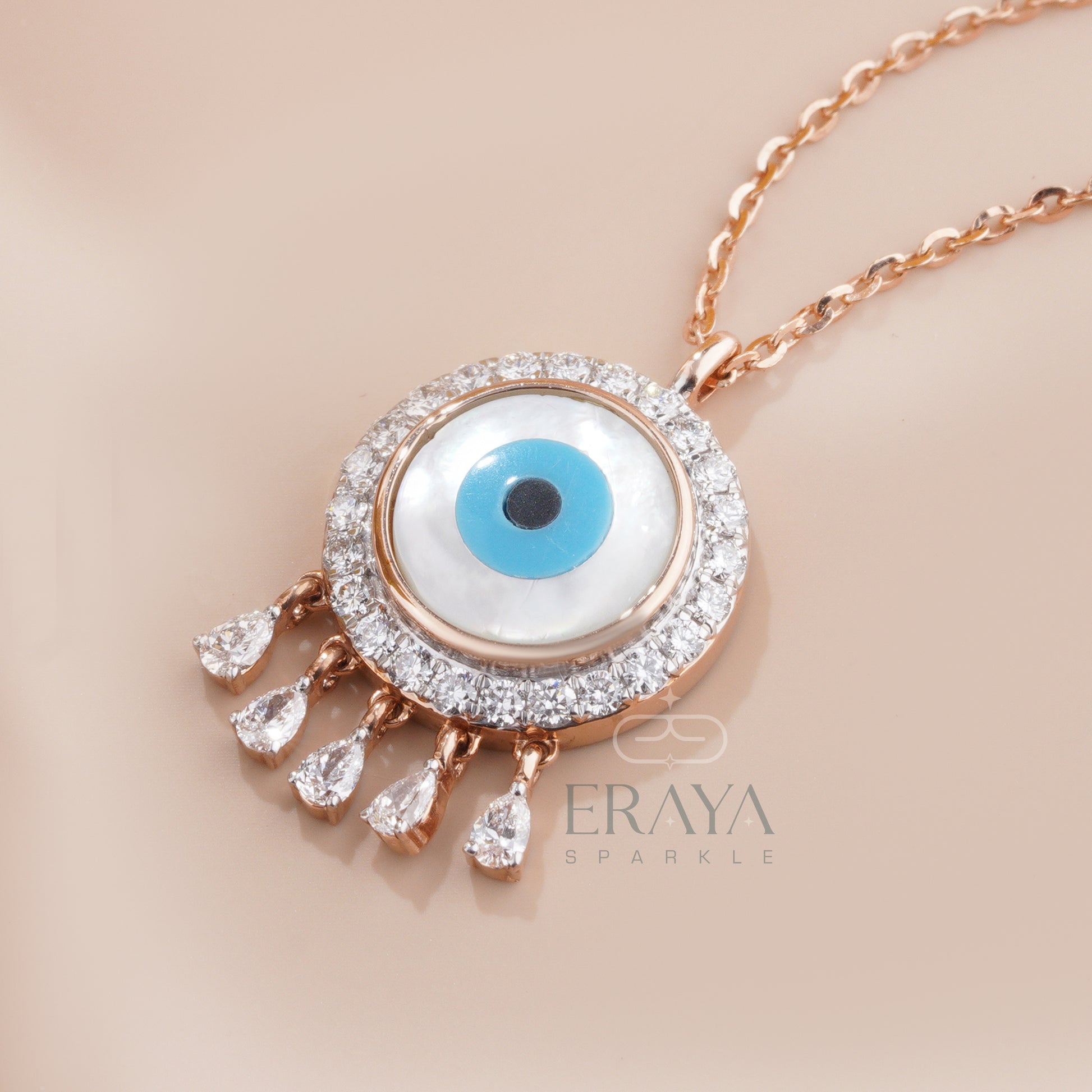 Lab grown diamond evil eye necklace in rose gold with mother-of-pearl center - rose gold diamond necklace