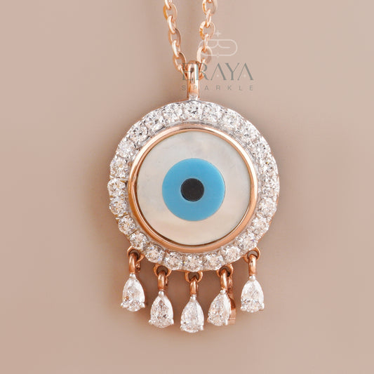 Evil eye pendant on 16-inch chain showing pear diamond drops - solid gold diamond pendant for layering