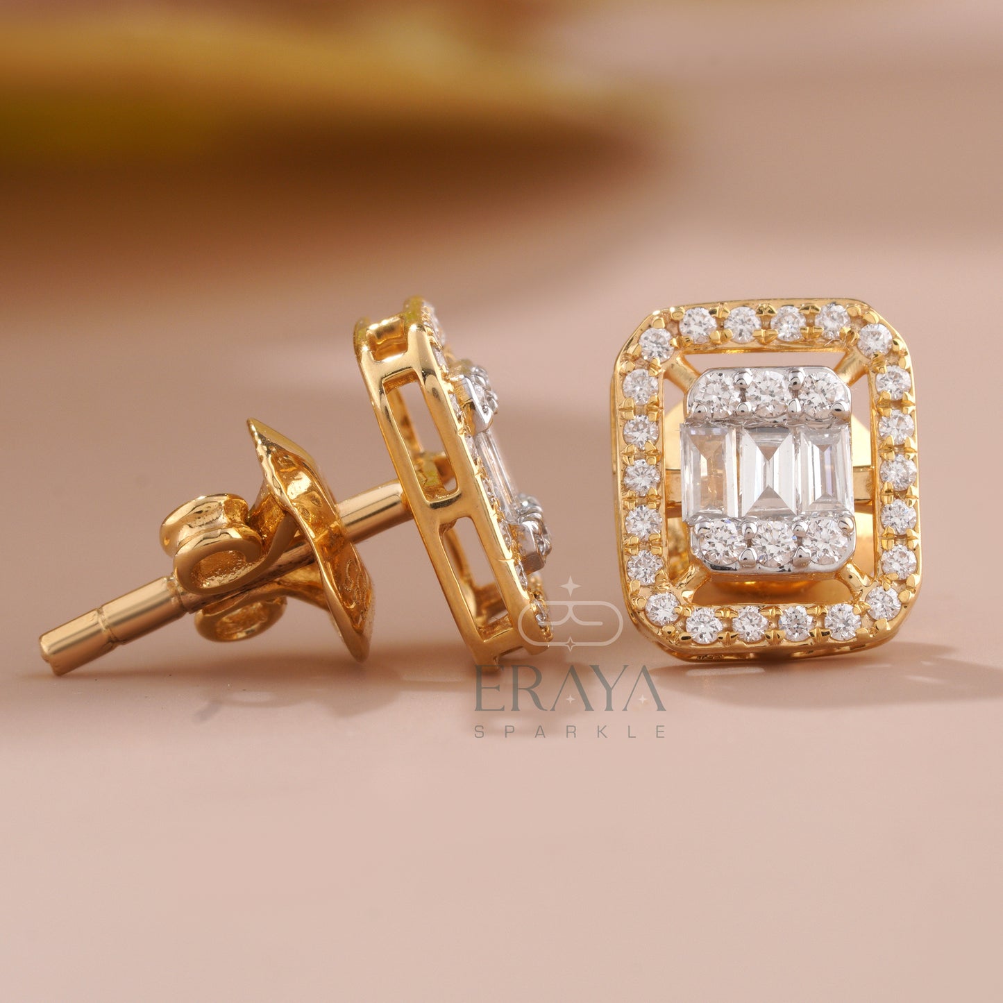 Designer lab-grown diamond stud earrings with emerald and round cut clusters — front and cross view