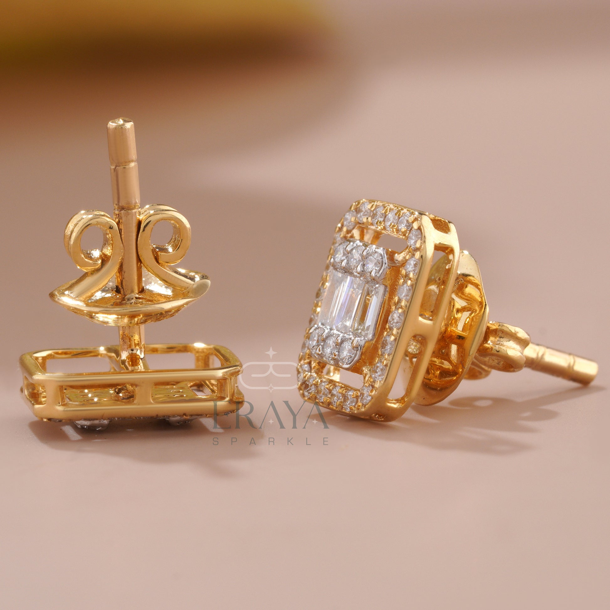 Emerald and round cut lab-grown diamond earrings — detailed front and angle view