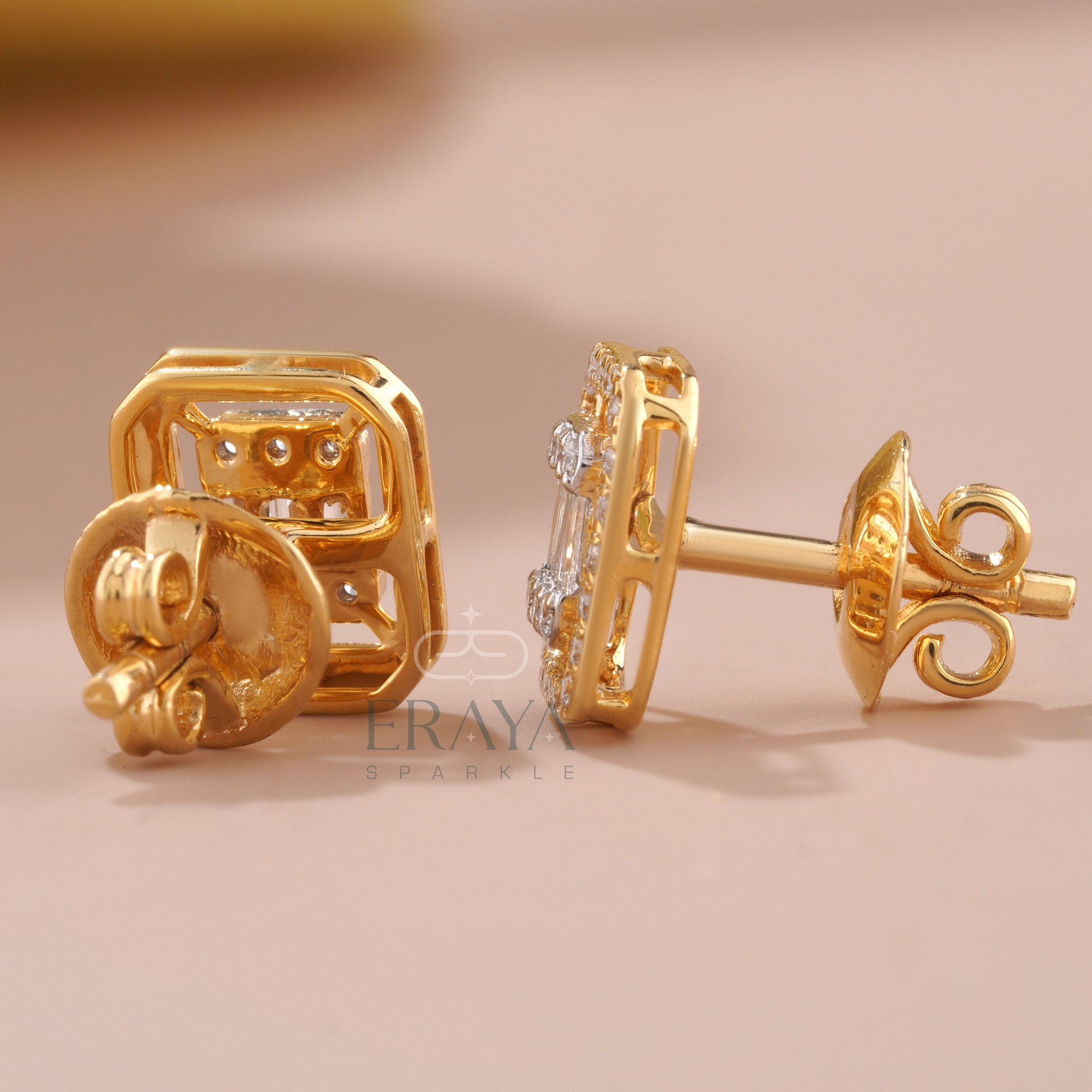 Diamond stud earrings backing and cross-angle view with screw-back design