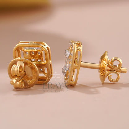 Diamond stud earrings backing and cross-angle view with screw-back design