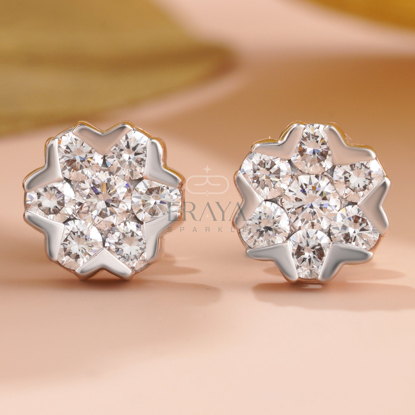 Snowflake cluster stud earrings — front view, lab-grown diamonds in gold
