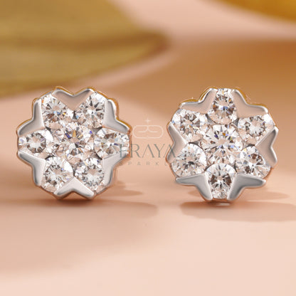 Snowflake cluster stud earrings — front view, lab-grown diamonds in gold