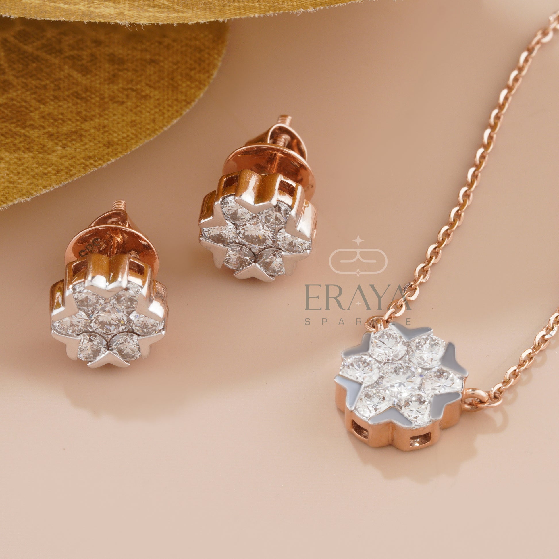 Snowflake necklace and earrings cross view showcasing cluster design and sparkle